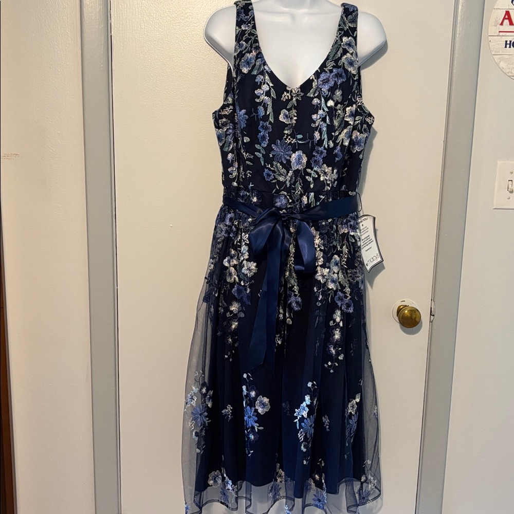 Floral Embroidered Navy Dress with Ribbon